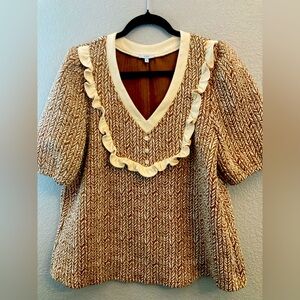 Gold and Brown Ruffled Short Sleeve Blouse with Bib Collar